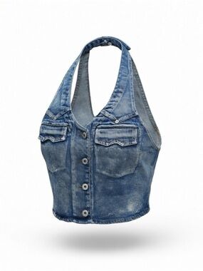 Denim Halter Crop Top in Faded Blue